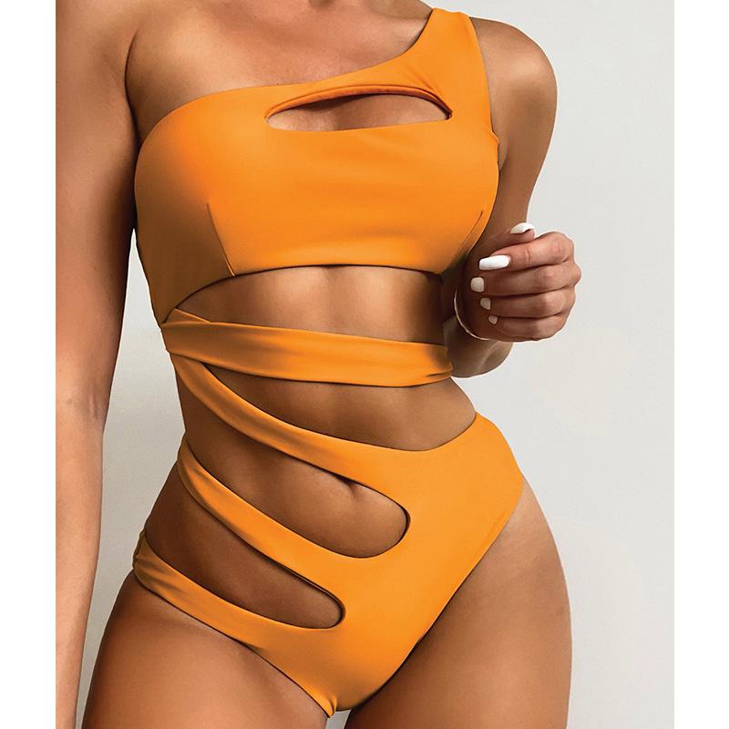 2025 New Beach Party Vacation Solid Color One Shoulder Bikini Cut Out One-piece Swimsuit Women Summer Hollow Out Fashion Swimsuit