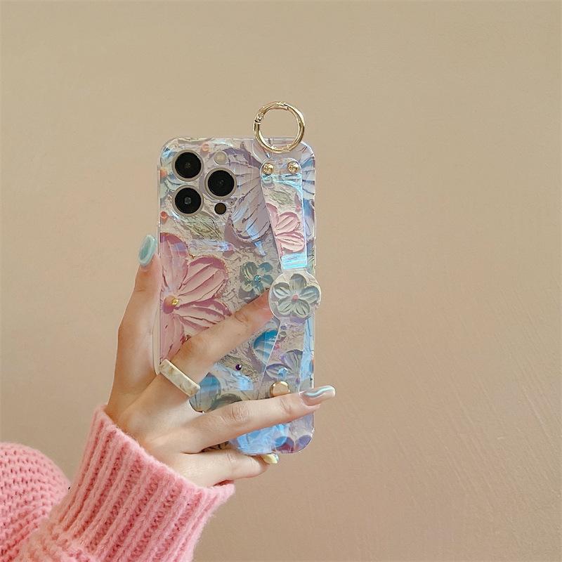Oil Painting Flower Wrist Strap Diamond Phone Case For Iphone 16 15 Pro Max