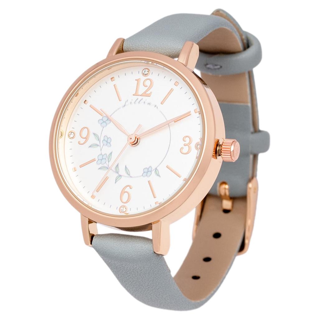 FIELD WORK MKL2611-3 women's analog watch with leather strap, simple floral pattern, rosam blue