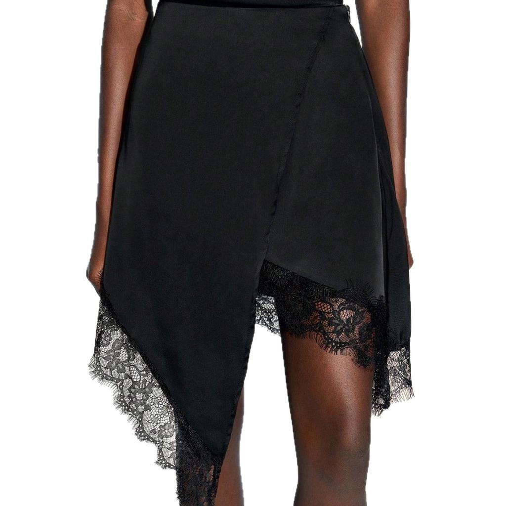 Women's Asymmetrical Hem Lace Trim Black Skirt