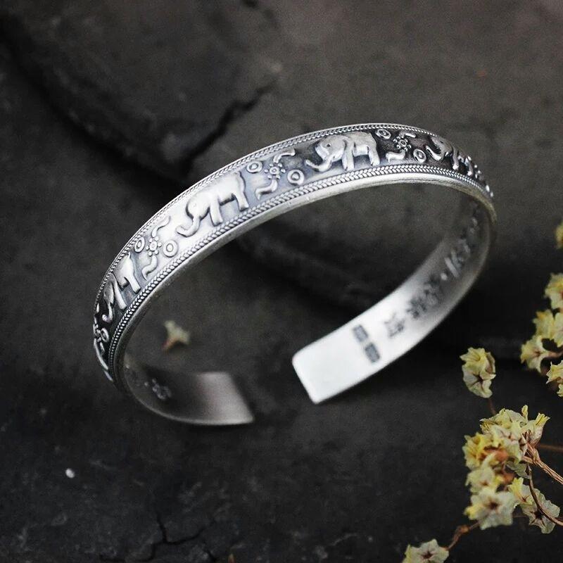 Follow-up Mantra Bangle Women Jewelry Vintage Silver-Plated Scripture Auspicious Elephant Bangle Male Retro Hand Accessories