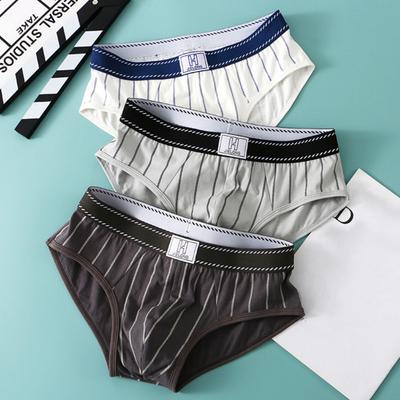 Men Casual Briefs Vertical Striped Pattern Elastic Wide Waistband Mid-rise Panties 3D U-convex Breathable Stretchy Underwear