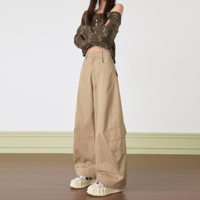 Retro Fleece-Lined Curved Leg Cargo Pants - Stylish, Slimming, Multi-Pocket, Wide-Leg Design