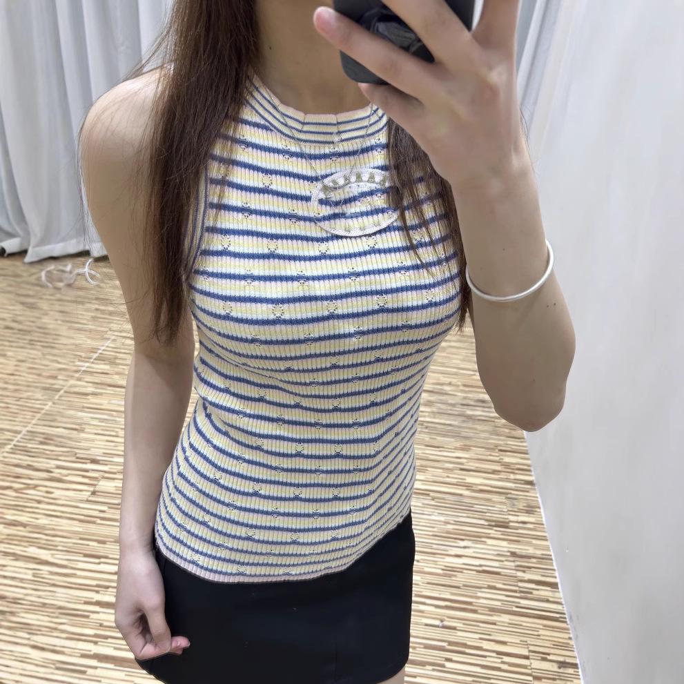 Gestreiftes ärmelloses Stricktop mit Stickerei für Frühling/Sommer