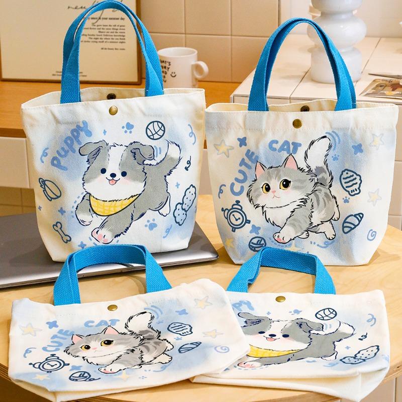 3Pcs Cute Double Sided Pattern Handbag Canvas Lunch Shopping Storage Bag Women's Cartoon Small Backpack Fashion Edition Leisure Storage Bag