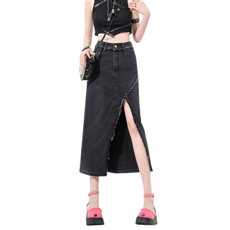 Irregular Package Hip A-line Skirt Design Sense Denim Skirt Burlap High-waisted Mid-length Open Half-body Skirt Female Fashion Denim Bustier Skirt