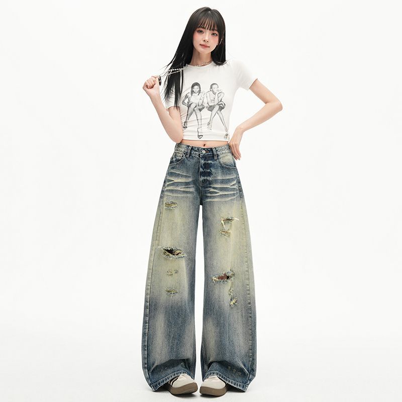 Spring Summer Dandy High Waist Drape Ripped Lazy Relaxed Wide Leg Denim Pants For Women Casual Pants Oversize Denim Trousers