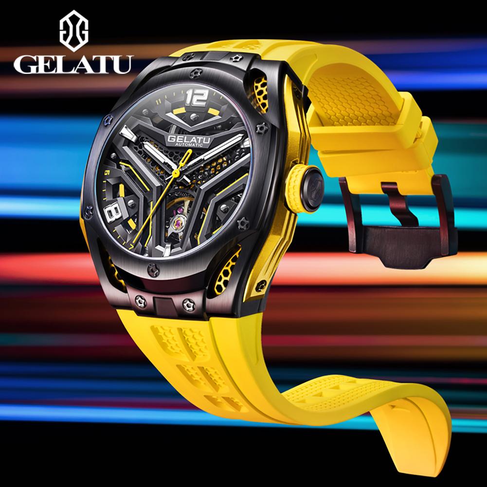GELATU 6007 Skeleton Automatic Watches for Men Fashion Silicone Strap Hollow Waterproof Luminous Men's Mechanical Wristwatches