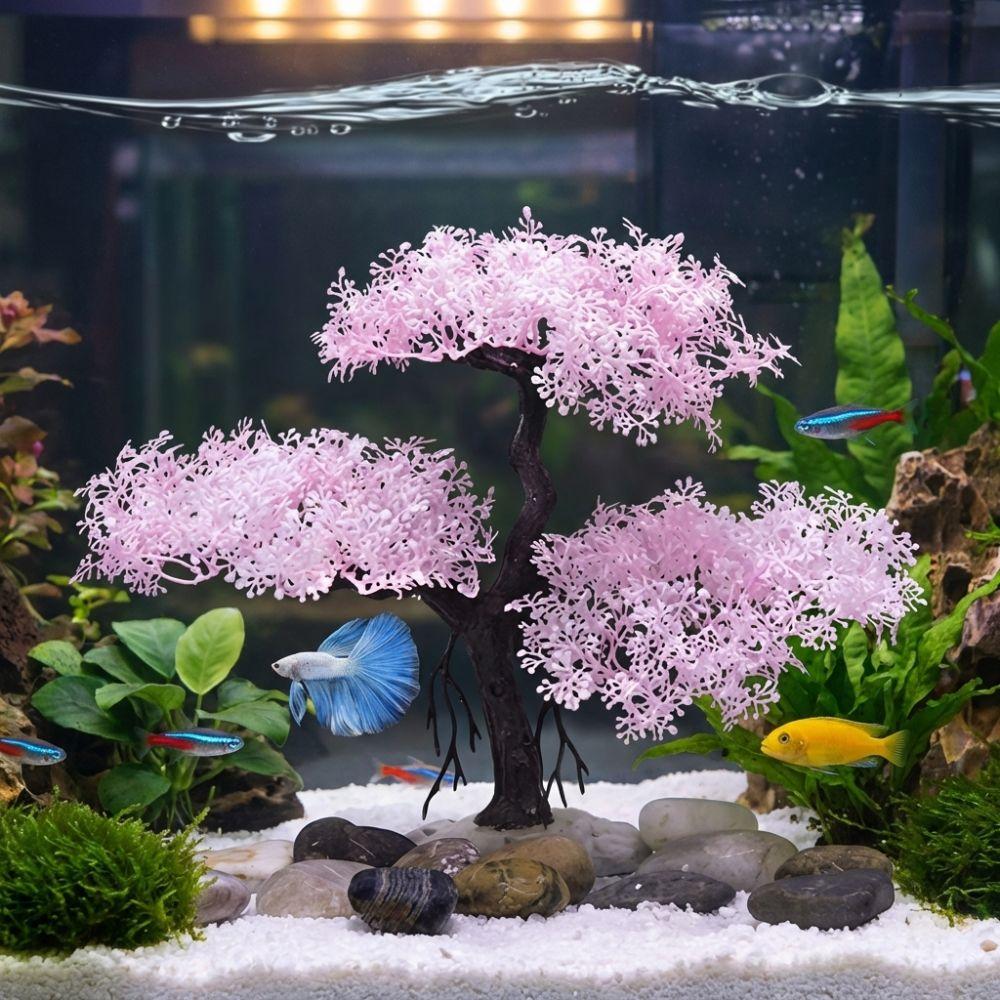 Plastic Aquarium Cherry Blossom Underwater Scene Artificial Plant Home Ornaments