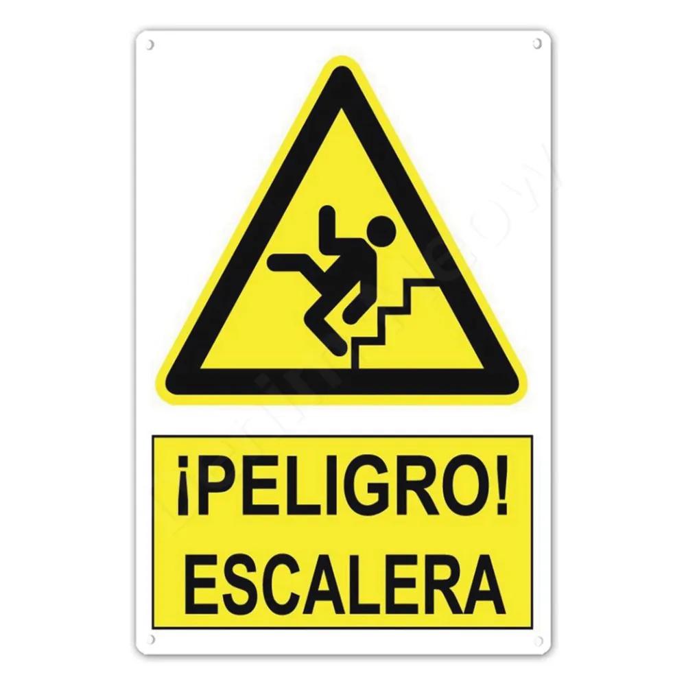 Spanish Warning Sign, Danger Metal Sign for Street, Yard, Bar, Workshop Decor, Yellow Waterproof Caution Signs, Outdoor Indoor