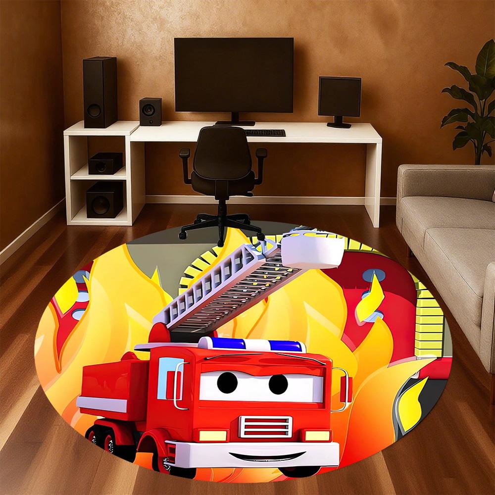 1pc Fire Truck, Flames Round Chair mat Area Rug - Non-Slip, Floor Mat for Office, Bedroom, Ideal home decor Christmas Gift p0811461