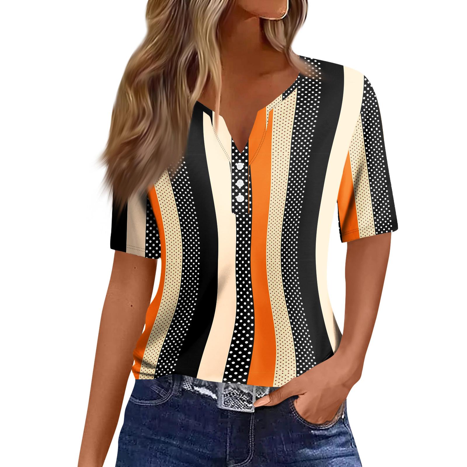 

Женская повседневная футболка с короткими рукавами, V-образным вырезом и декоративными пуговицами XL оранжевый