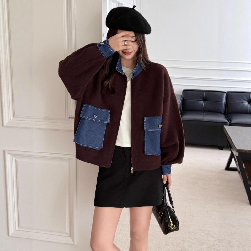 Autumn and Winter New Splicing Denim Knitted Double-sided Cardigan Design Sense Loose Zipper Sweater Jacket Women