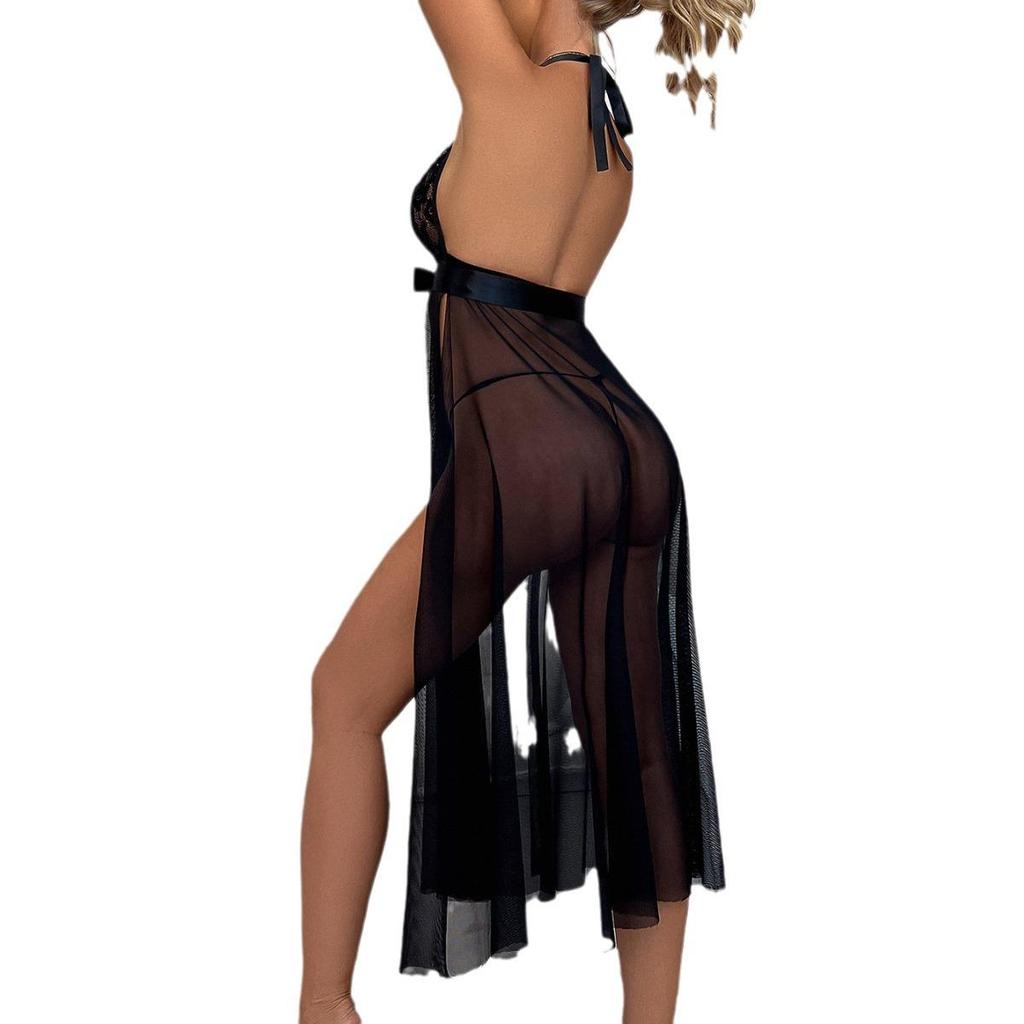 Europäisches & Amerikanisches Mesh Neckholder Langes Kleid: Sexy Damen Dessous Set mit Schlitz