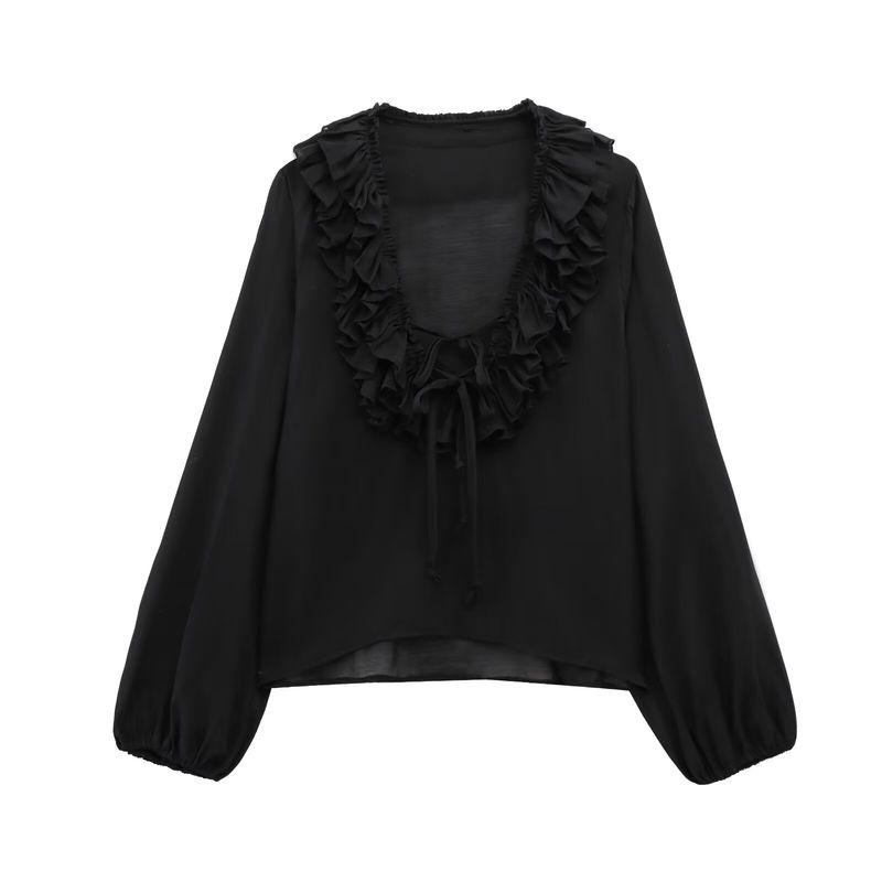 

Kaslead New Arrival Women s Fashion Style Stylish Simple and Versatile Ruffled Tied Shirt Black L