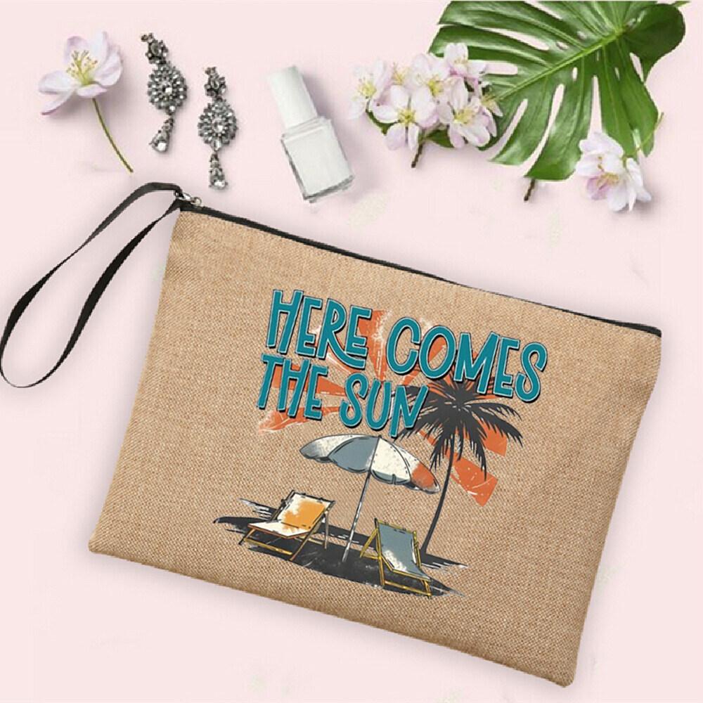 Salt Water and Sunshine Printed Linen Bag Makeup Bags Beach Holiday Sunglasses Sunscreen Storage Pouch Travel Toiletry Bag Gifts