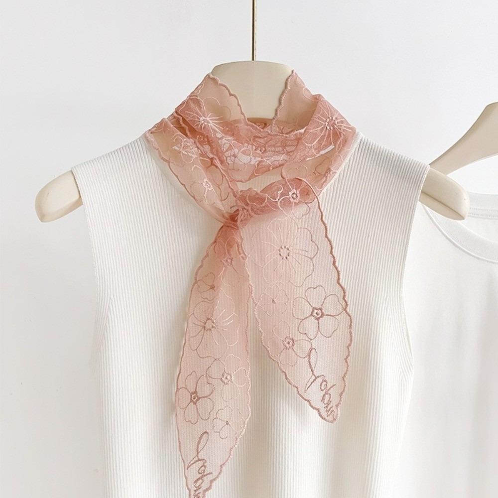 Elegant Retro Narrow Scarf Floral Embroidery Solid Color Chiffon Scarf Long Strip Soft Texture Lace Waist Belt For Women