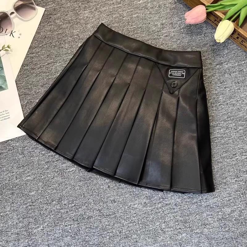 

Шкіряні спідниці для дівчат Весна Осінь 2024 Нові спідниці з штучної шкіри Універсальні шкіряні спідниці для дівчаток 150 чорний