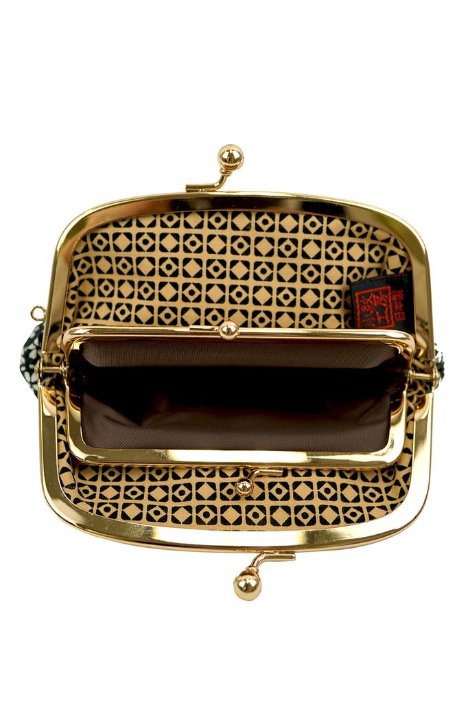 Uni Made In Futago Chirimen Japanese Pattern Clasp Wallet (N0207) Seni, Japan, Parent-Child [Kojiro, Black]