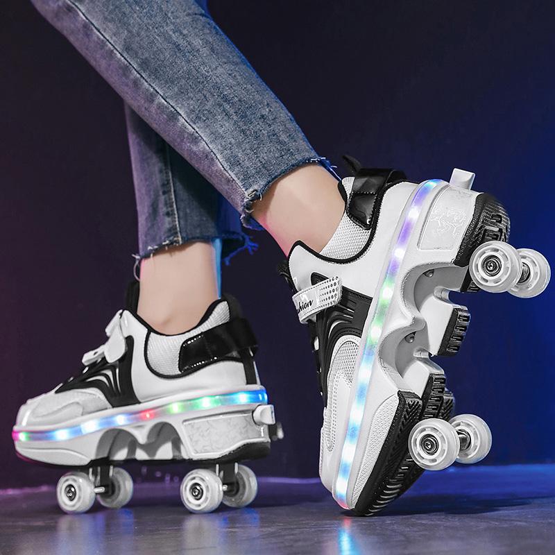 Kids Glowing Sneakers Kids Roller Skates for 6-15 Years Old Four-wheel Deformation Can Walk Can Skate Skates Mens Roller Sneakers