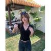 Sexy pure desire wind lace splicing V-neck strap short-sleeved T-shirt women's summer fashion temperament slim-fitting front shoulder top trendy
