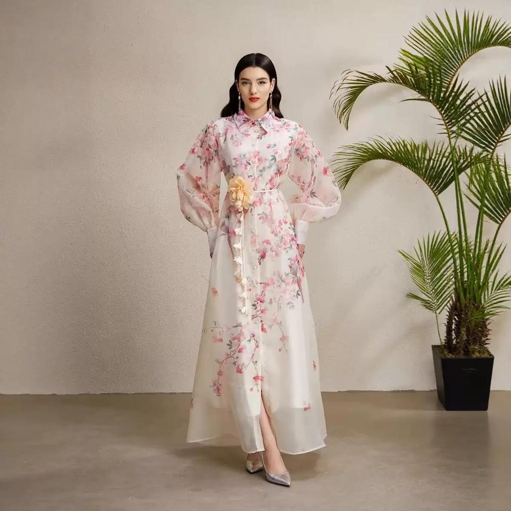 Retro court style printed bubble sleeve dress women's autumn strap waist unique beautiful super fairy long skirt
