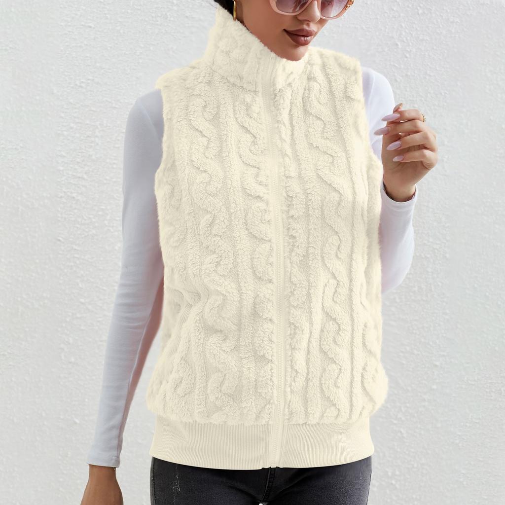 Fashionable Ladies Plaid Comfortable Fleece Cardigan Vest Stand Collar Sleeveless Women's Jacket