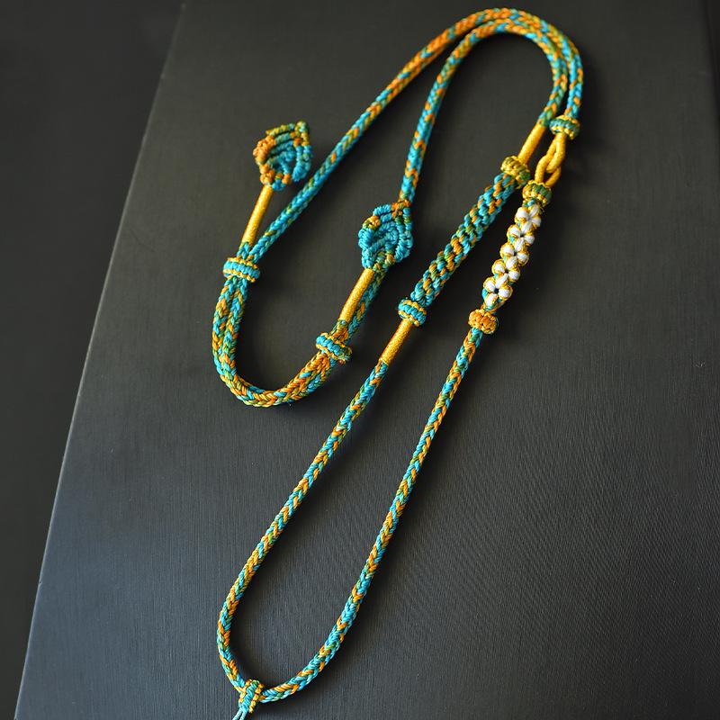 

Handmade Braided Necklace: A Thousand Miles of Rivers and Mountains - Buddha Head with Hetian Jade Pendant, Adjustable Sweater Chain