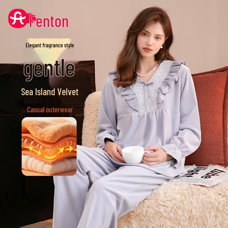 FenTeng Women s Thin Fleece Lace Long Sleeve Pajama Set XL