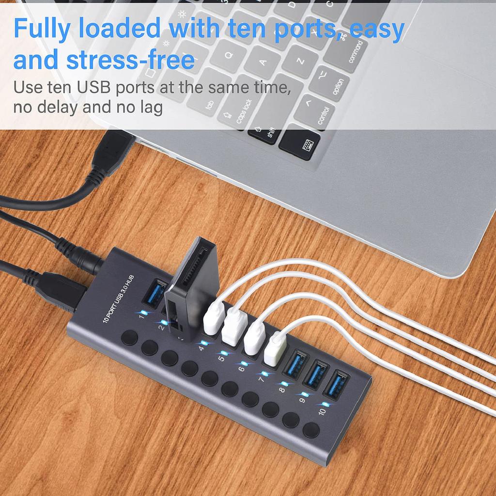 60W USB Hub with Independent Power Switch and Aluminum Housing USB Docking 60W Power Adapter 10-port 3.0 LED, 3.0 Station, 12V/5A (100-240V) (US Plug)