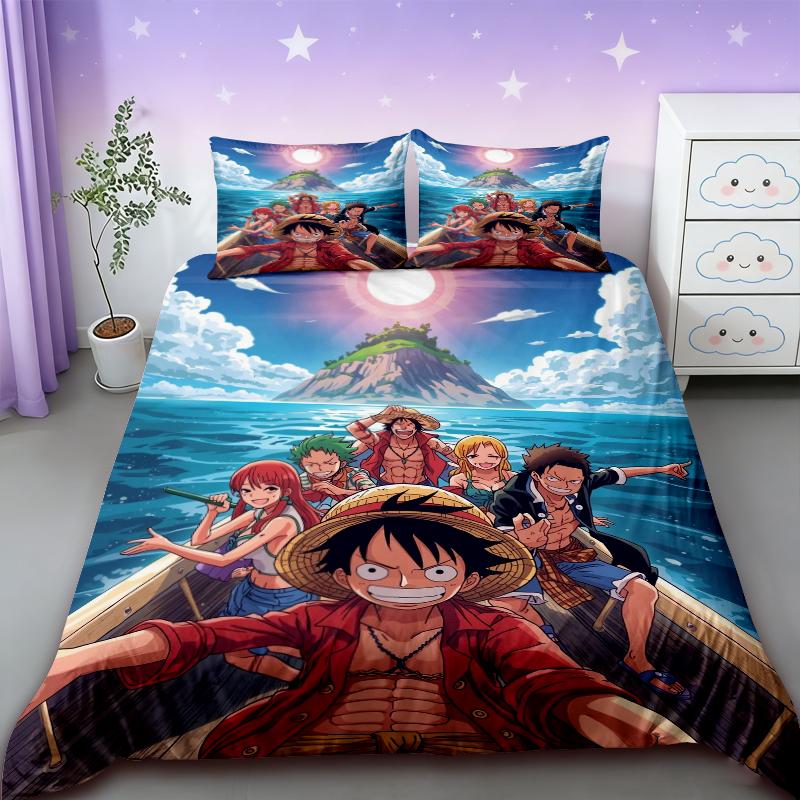Duvet Cover One Piece Kids Cartoon Luffy Bedding Set with 2 Pillowcases Soft and Cozy Bedroom Bed Decor Teens Boys Gifts