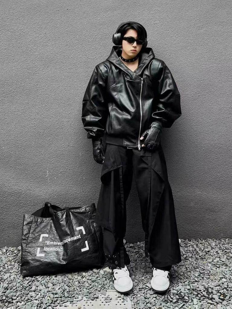 Men's Trendy Black PU Leather Hooded Jacket with Oblique Zipper - Korean Style for Spring and Autumn
