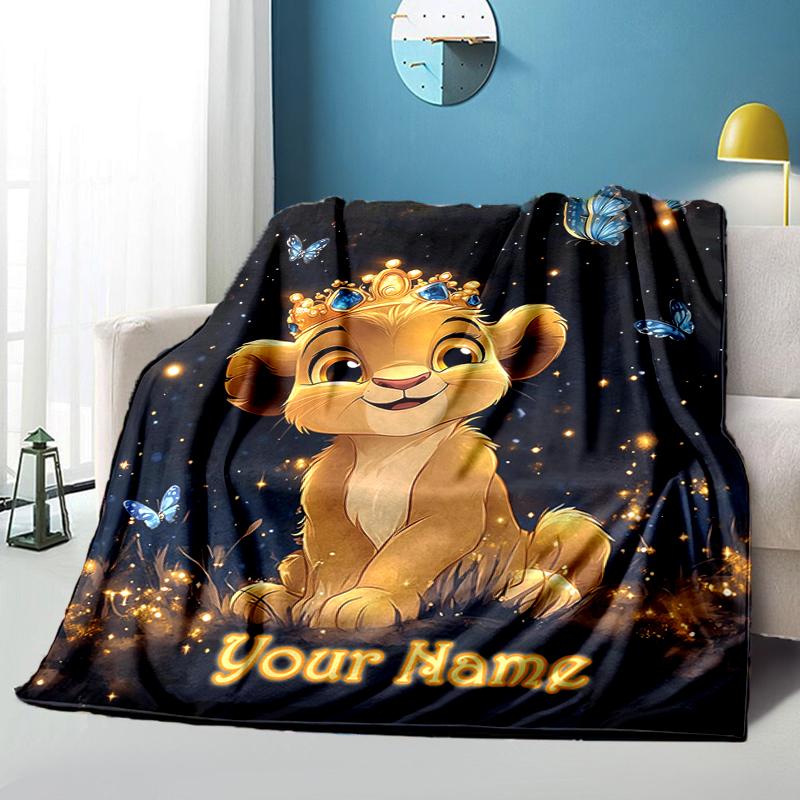 1PC Custom Name Royal Lion Cub Majesty flannel blanket versatile, all-season throw suitable for the living room, bedroom, camping, travel, and gift