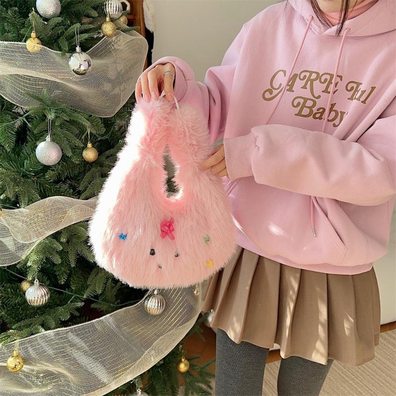221 Winter new fashionable cute plush puppy handbag student shopping portable tote bag