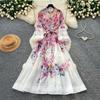 Summer New Pink Flower Print Chiffon Maxi Dress Women Long Lantern Sleeve Tiered Ruffle Long Dress Elegant Party Evening Dress