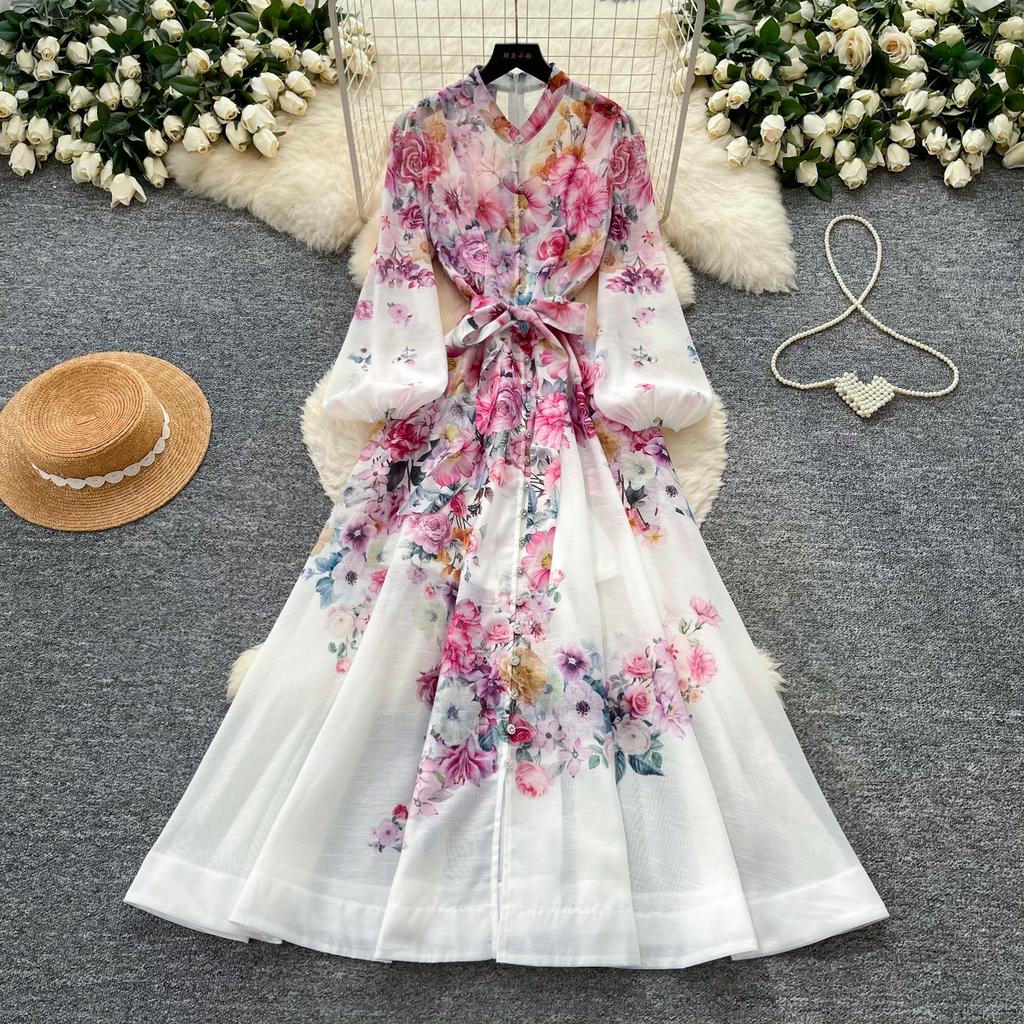 Summer New Pink Flower Print Chiffon Maxi Dress Women Long Lantern Sleeve Tiered Ruffle Long Dress Elegant Party Evening Dress