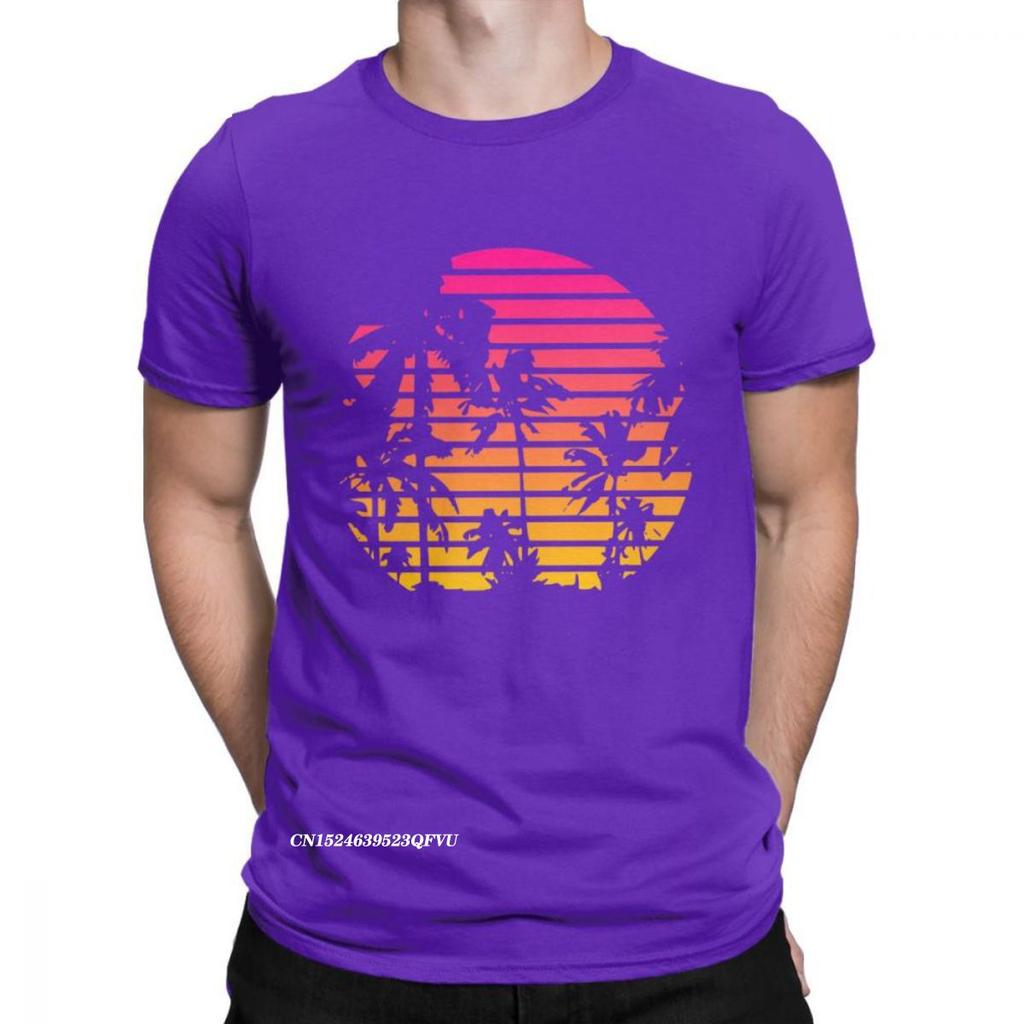 Sunset Palm Tree Vintage T Shirts 80s Synthwave Clothes Vaporwave Oversized T Shirt Men's T-Shirts Japanese