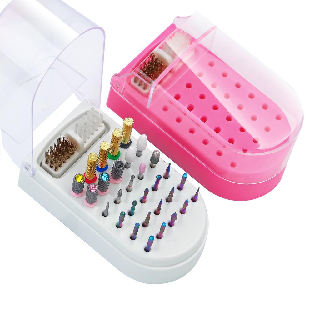 2 in 1 Nagelbohrerhalter Nagelbohrer Reinigungsbürste Etui 30 Löcher Staubdicht Nail Art Bohrer Ständer Display
