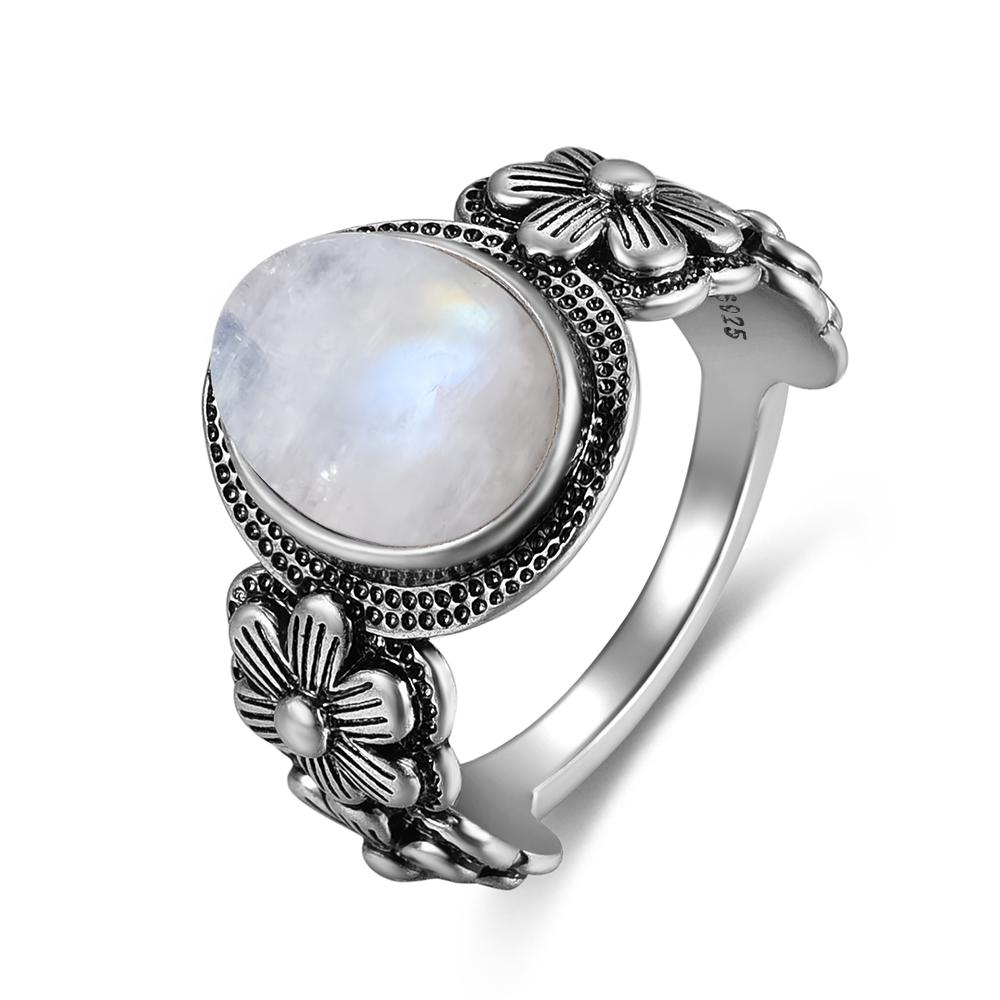 Vintage 925 Sterling Silver Natural Moonstone Rings Bohemia Oval Shape Retro Ring Gifts Fine Jewelry for Women Men