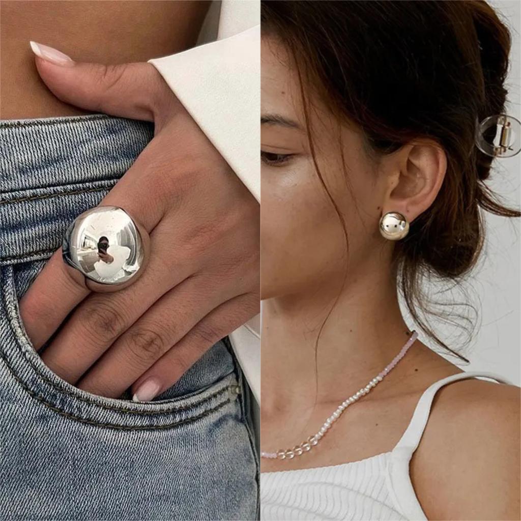 Exaggerated Metal Round Ball Shape Ring for Women Fashion Geometric Punk Rings Trendy Luxury Versatile Party Wedding Jewelry