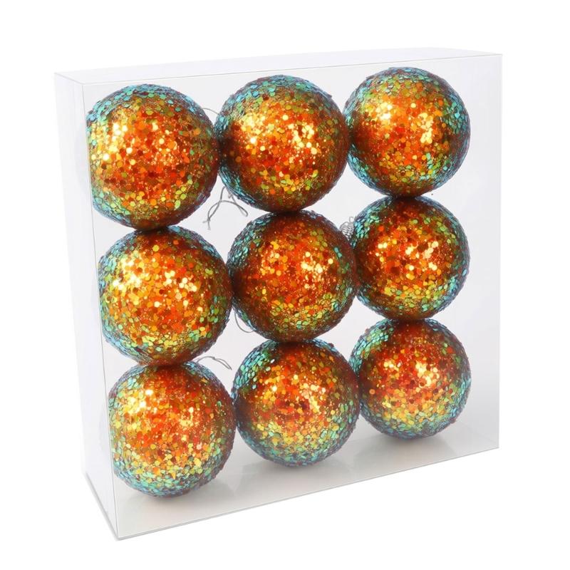 Christmas Tree Baubles, 9-Piece Colorful Plastic Sequined Sphere Decoration for Holiday Tree, Windowsills, Wreaths, Party Backdrops