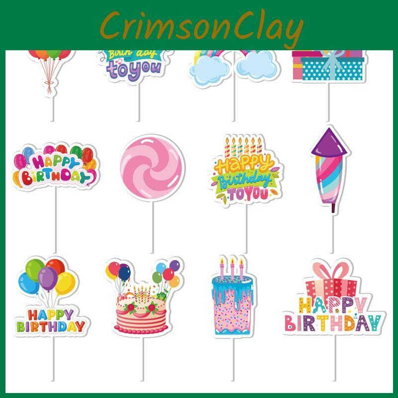 Happy Cake Birthday Toppers With Paper Flags For Party Decoration Set 12 Of