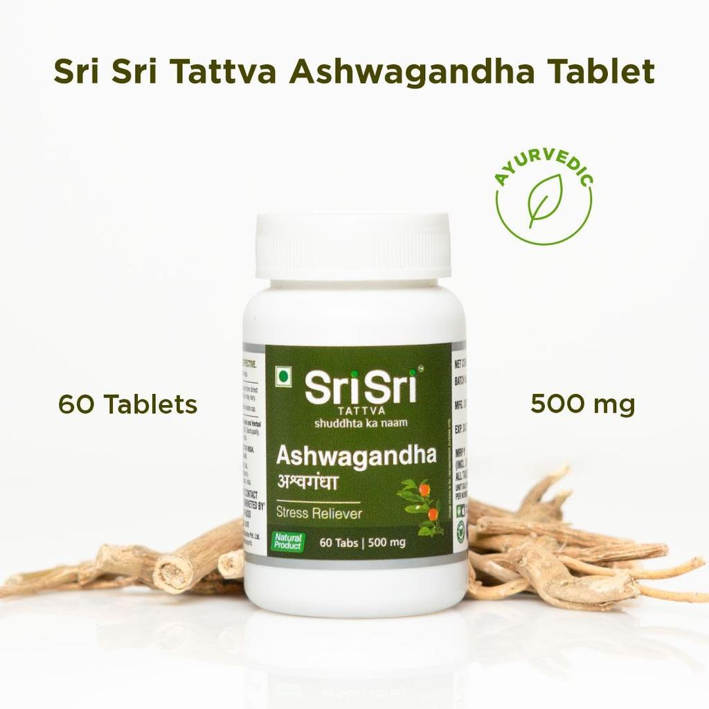 Sri Sri Tattva Ashwagandha Tabletten 60 Tabletten 500 mg | Stressabbau & Immunstärkung Nahrungsergänzungsmittel