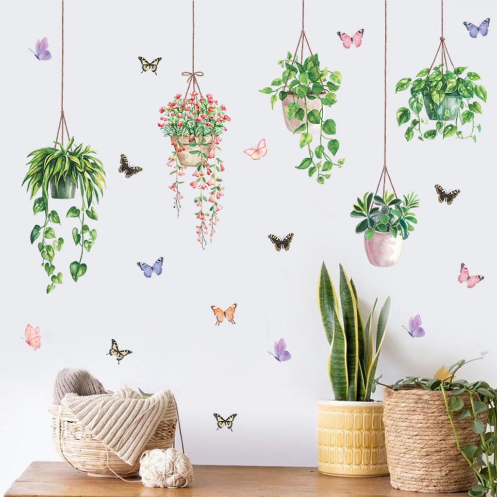 Green Potted Plant Window Decals, Self-Adhesive and Butterfly Wall Stickers for Home Decor