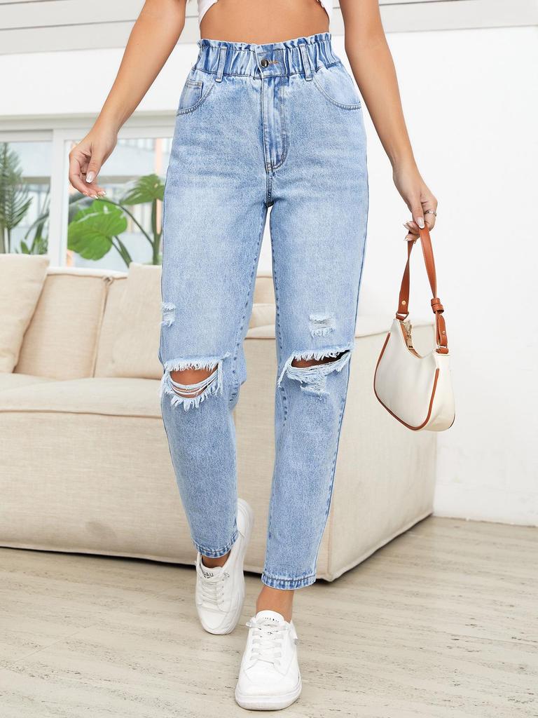 European & American Style Women's Slimming Ripped Straight-Leg Denim Pants