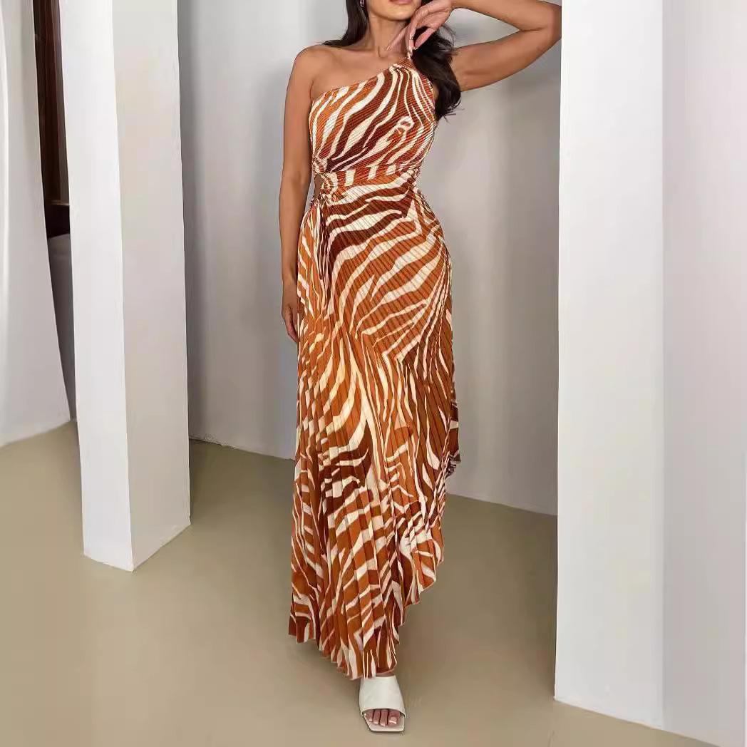 

IHUASU Summer Design Lace-up Print Sleeveless One-shoulder Dress XXL