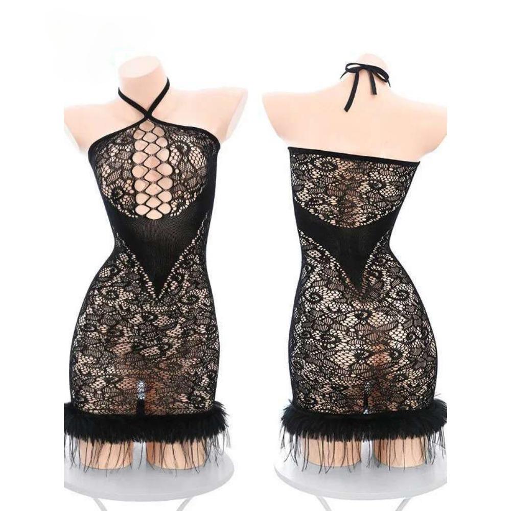 Sexy Hollow Chest Plush Perspective Seduction Sleepwear Sexy Dress Elegant Tank Mini Dress Mesh Lace Sheer Sweet Women Tops 1OW9