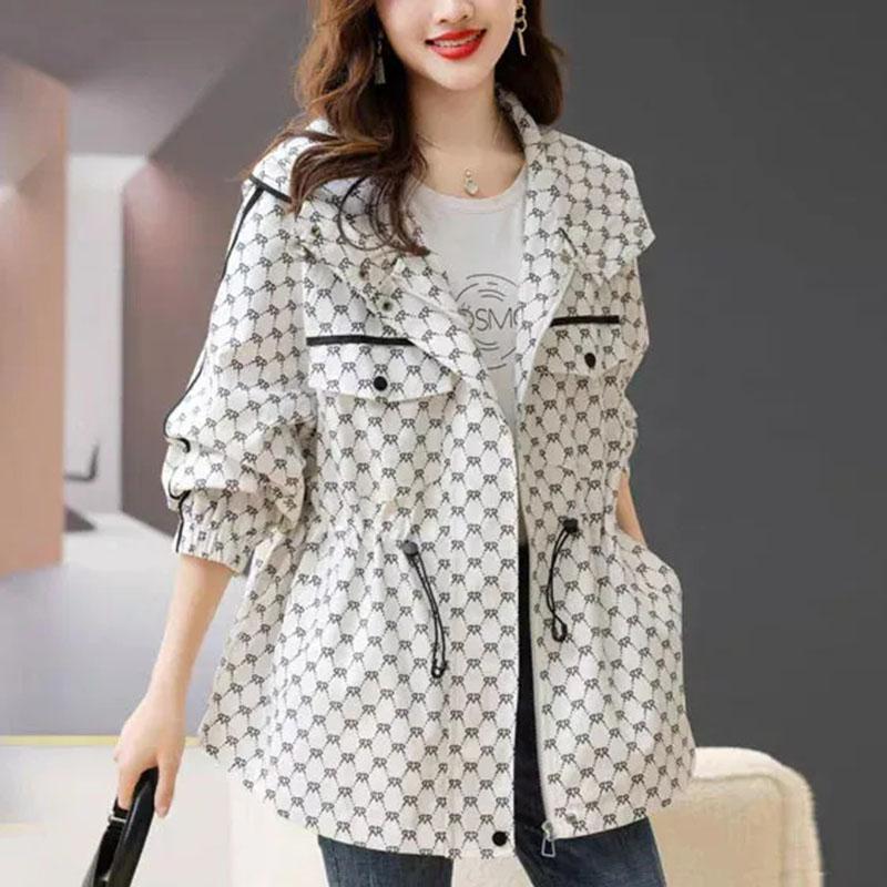 Women Loose Temperament Fashion Print Trench Coat Spring Autumn Korean Casual Hooded Windbreaker Female Outcoat