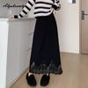 Elegant Fashion Autumn Winter Women Midi A-Line Skirt High Waist Beige Black Knitting Skirt Feminine Embroidery Lace Split Chic Skirt