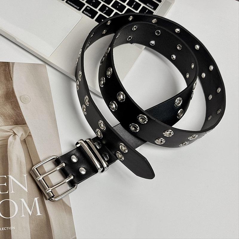 

Панк Y2K Черный кожаный ремень для женщин - Вырез, заклепки, пряжка в два ряда, дизайн с полными отверстиями 110 cm